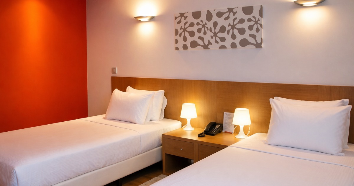 Twin-bedded standard room with orange accent wall and shared nightstand between the beds