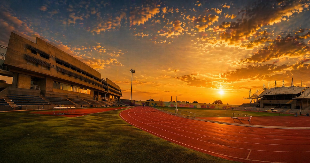 Sweeping view of the 400m outdoor athletics track and infield at golden hour, with a tented stadium roof visible