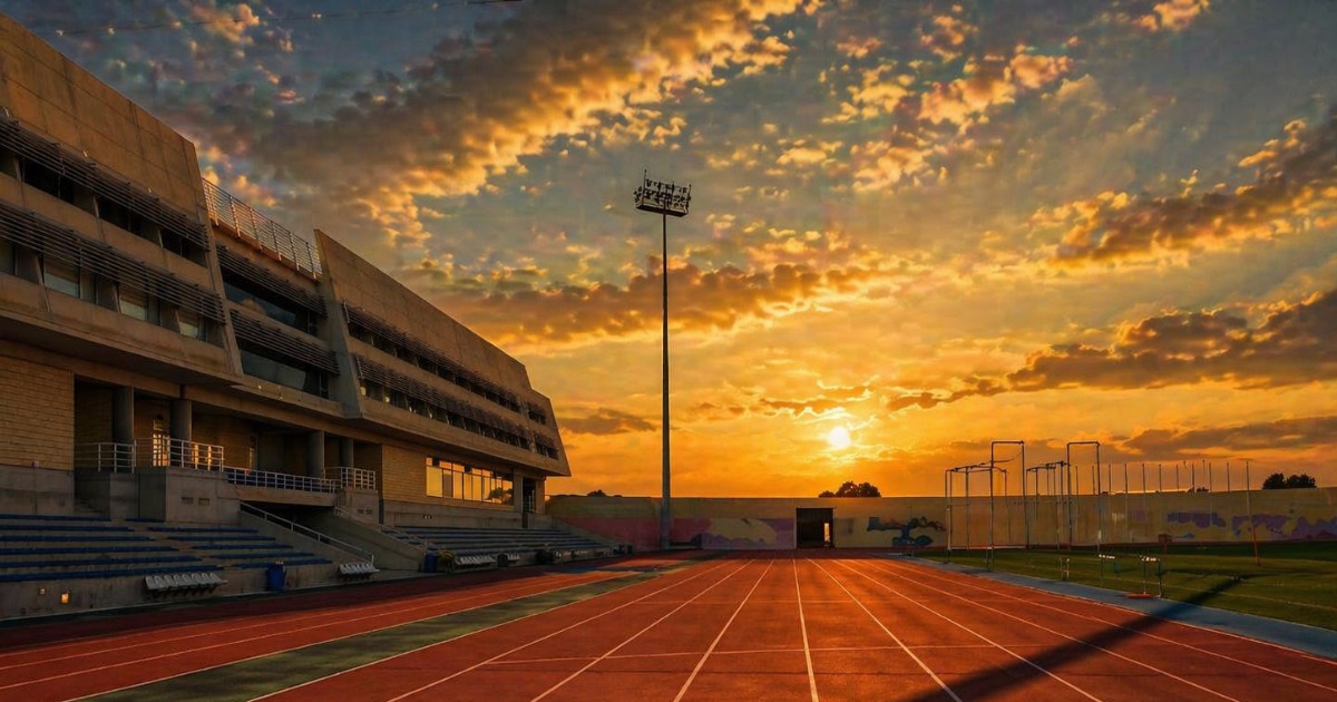 View down the home straight of the 8-lane track at sunset, with pole vault apparatus to the side
