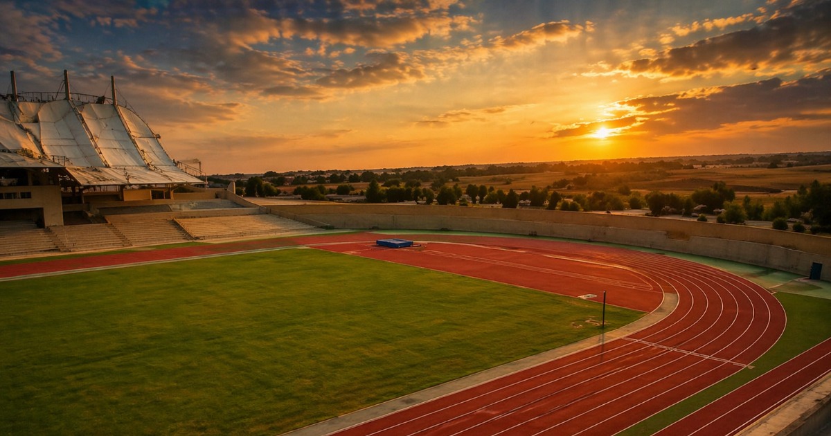 Elevated view of the athletics track, grass infield, and tented grandstand at sunset