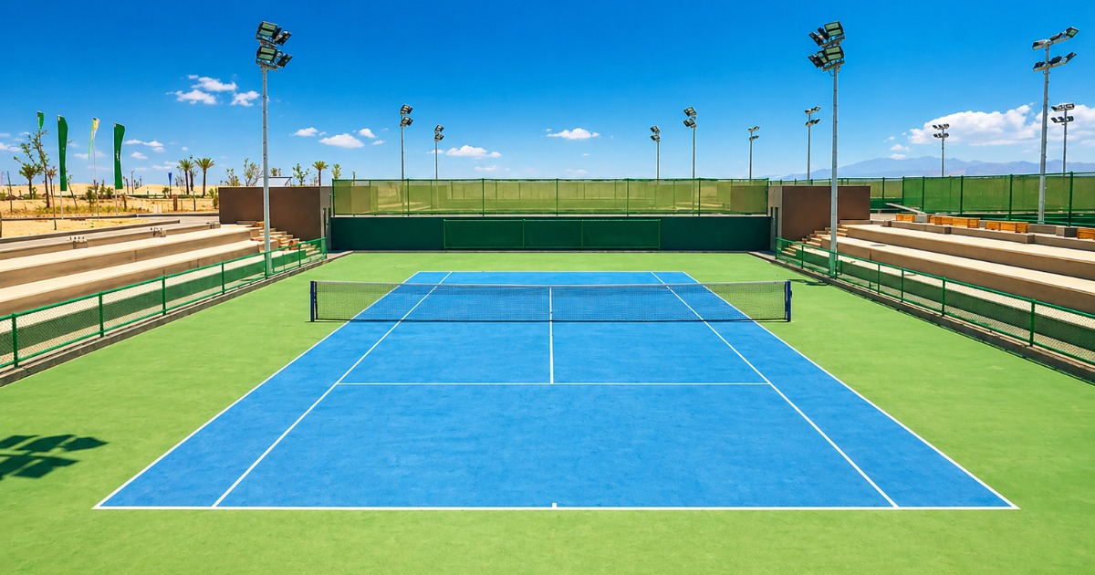 Синий теннисный корт стандарта ITF в Сома-Бей под ясным голубым небом с осветительными мачтами, трибунами и пустынным ландшафтом на заднем плане